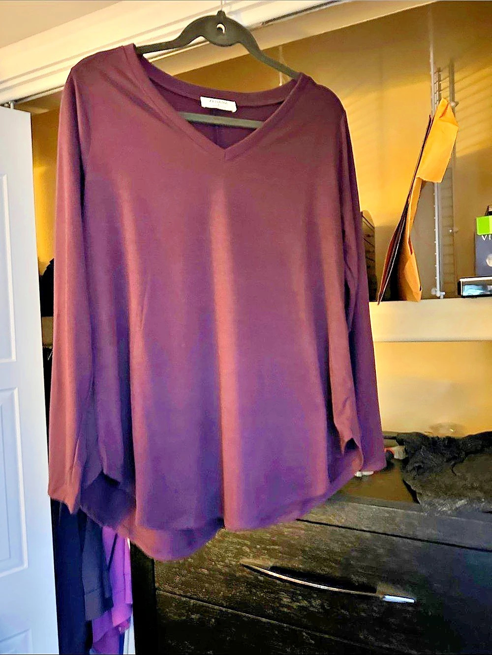 ZENANA V-Neck Layering Tunic Top Long Sleeve Purple Large